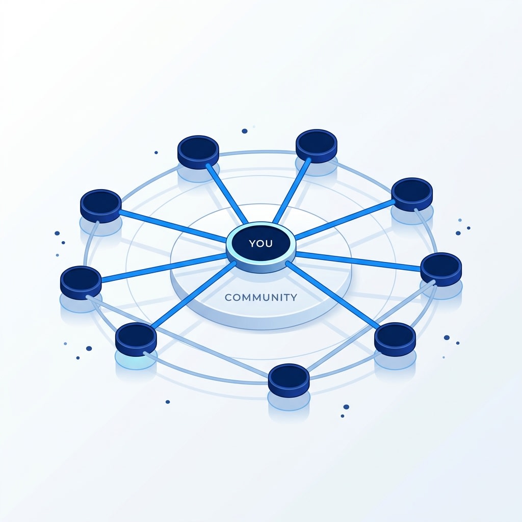 One central node connected outward to a ring of peer nodes on a soft circular platform, representing a professional network.