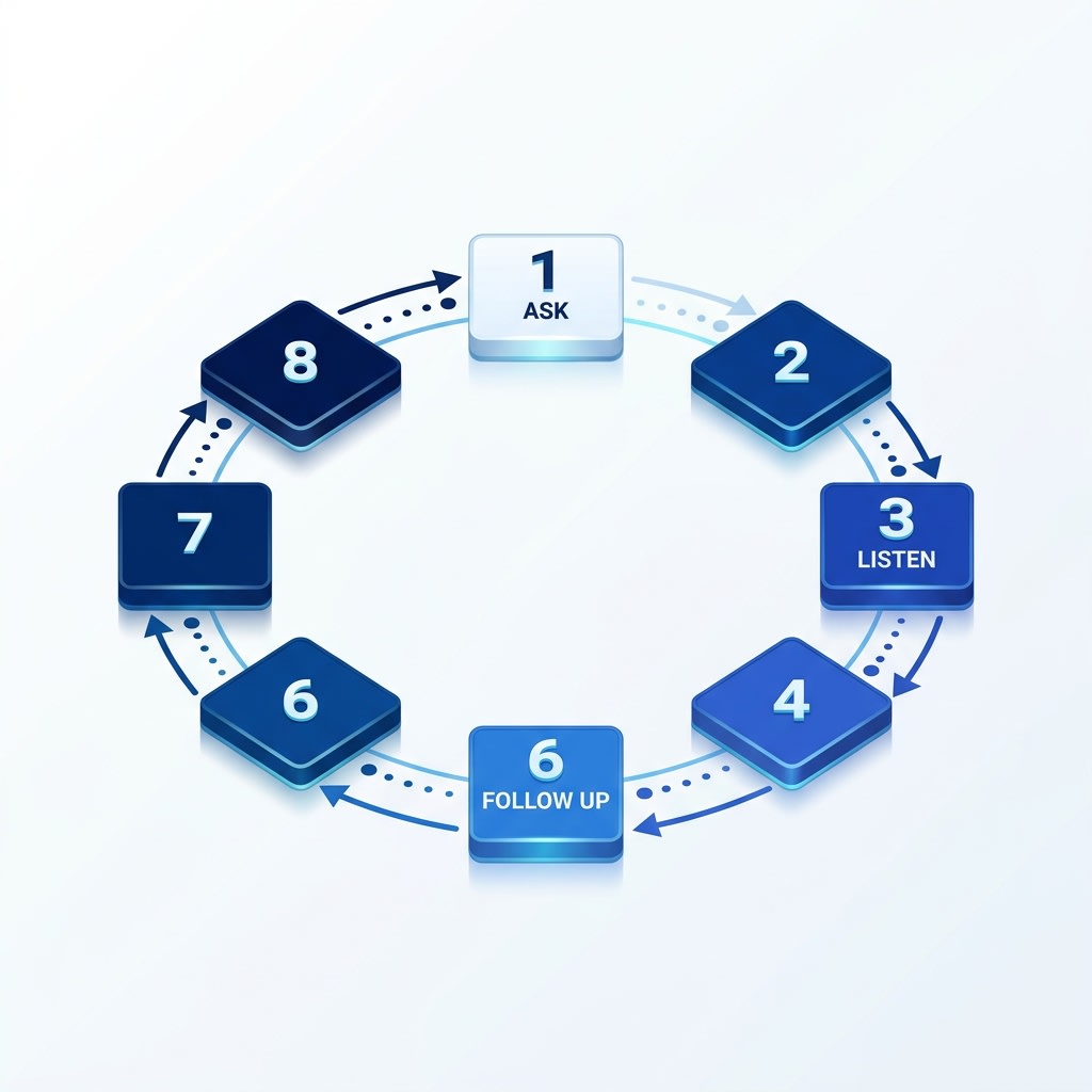Eight numbered cards arranged in a continuous ring, showing networking as a repeating cycle rather than a one-off task.