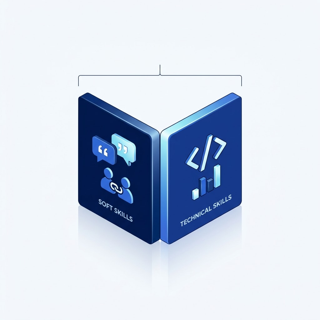 Two interlocking panels of equal size forming one solid block, the left carrying people icons and the right carrying technical icons.