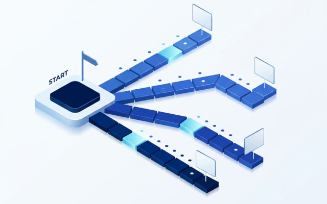 A single starting node branching into several separate blue paths, each ending in a small labelled card, representing the choice of which skill to learn first.