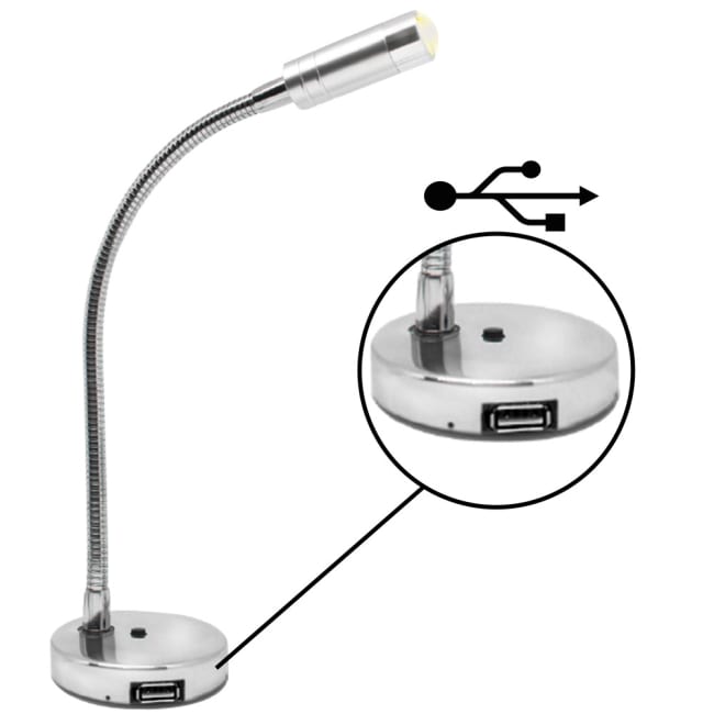 LED lese-/køyelampe 12-24V krom USB