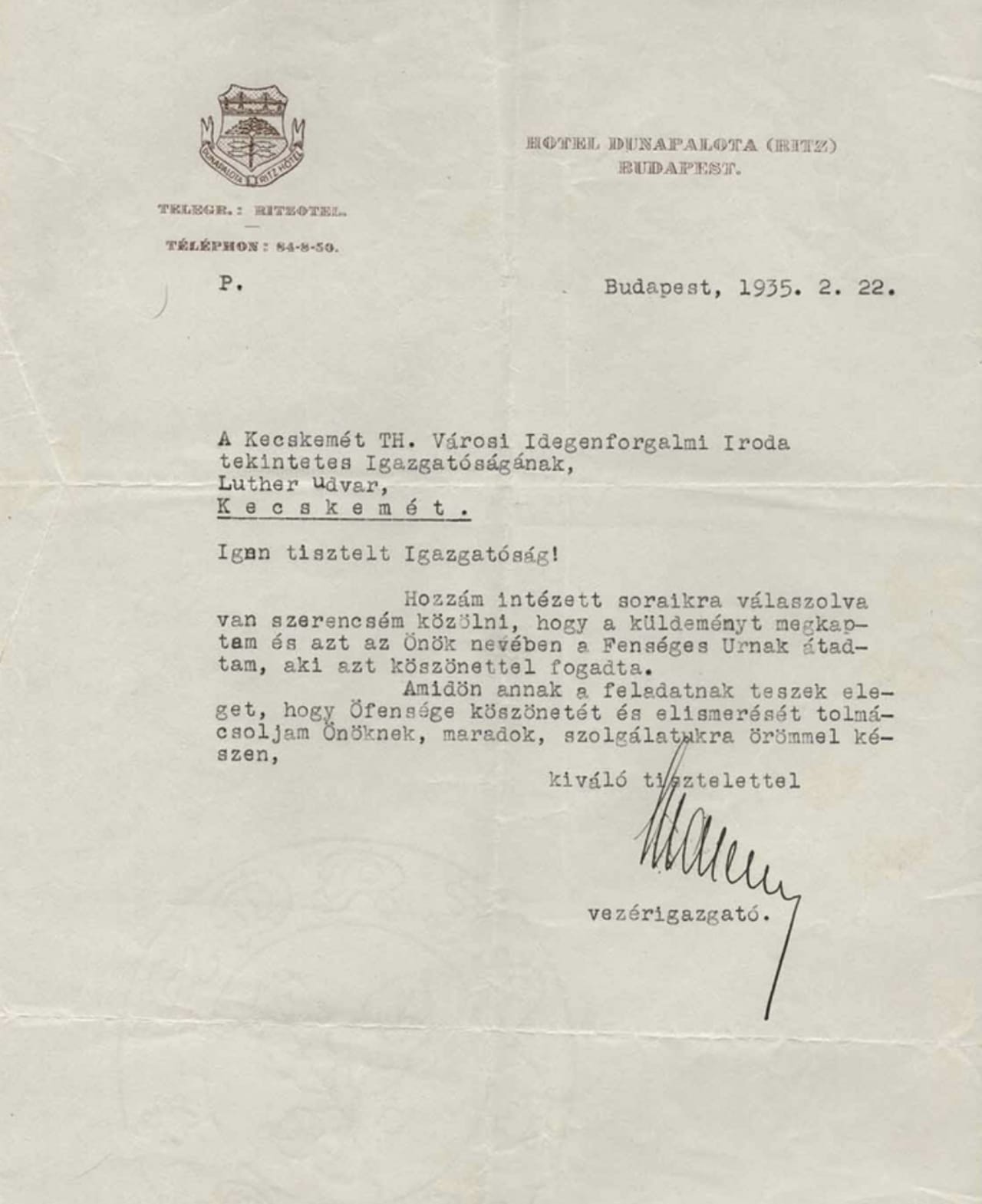 Letter from Hotel Ritz Budapest in 1935