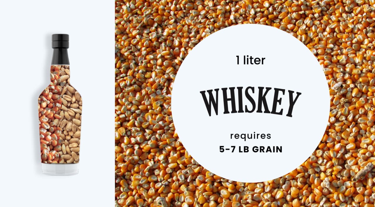 how much grain is used to produce 1 litre whiskey