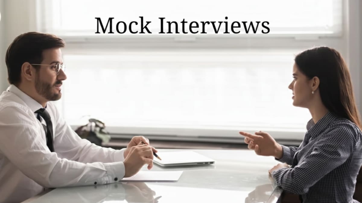 Mock interview practice session showing candidate answering behavioral interview questions with confidence