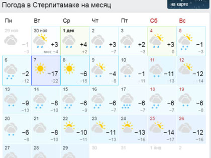 Прогноз погоды в Стерлитамаке на декабрь 2021 года