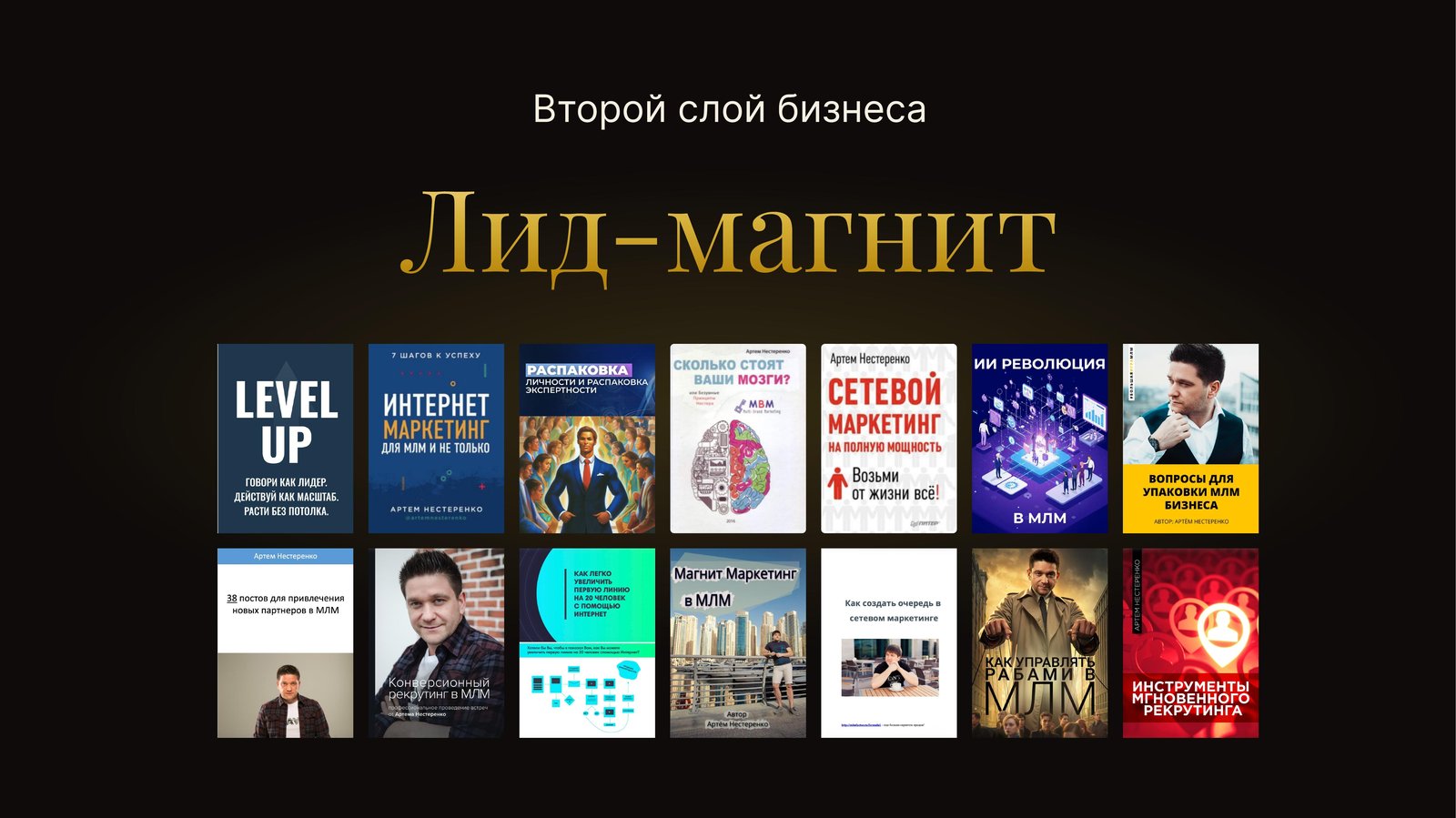 Слайд из эфира: Лид-магнит — второй слой бизнеса, сетка обложек книг