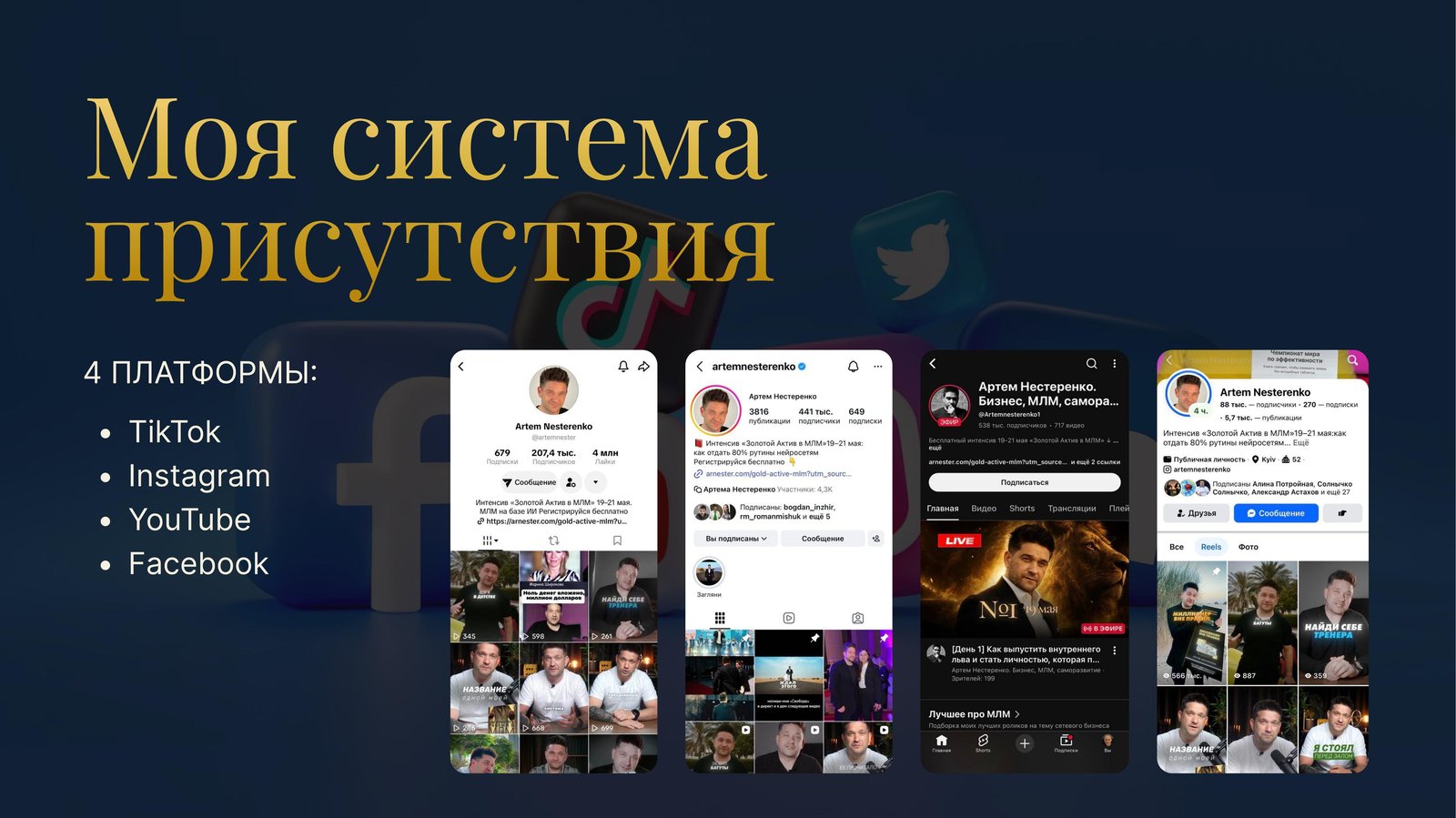 Система присутствия Артёма: профили в TikTok, Instagram, YouTube, Facebook