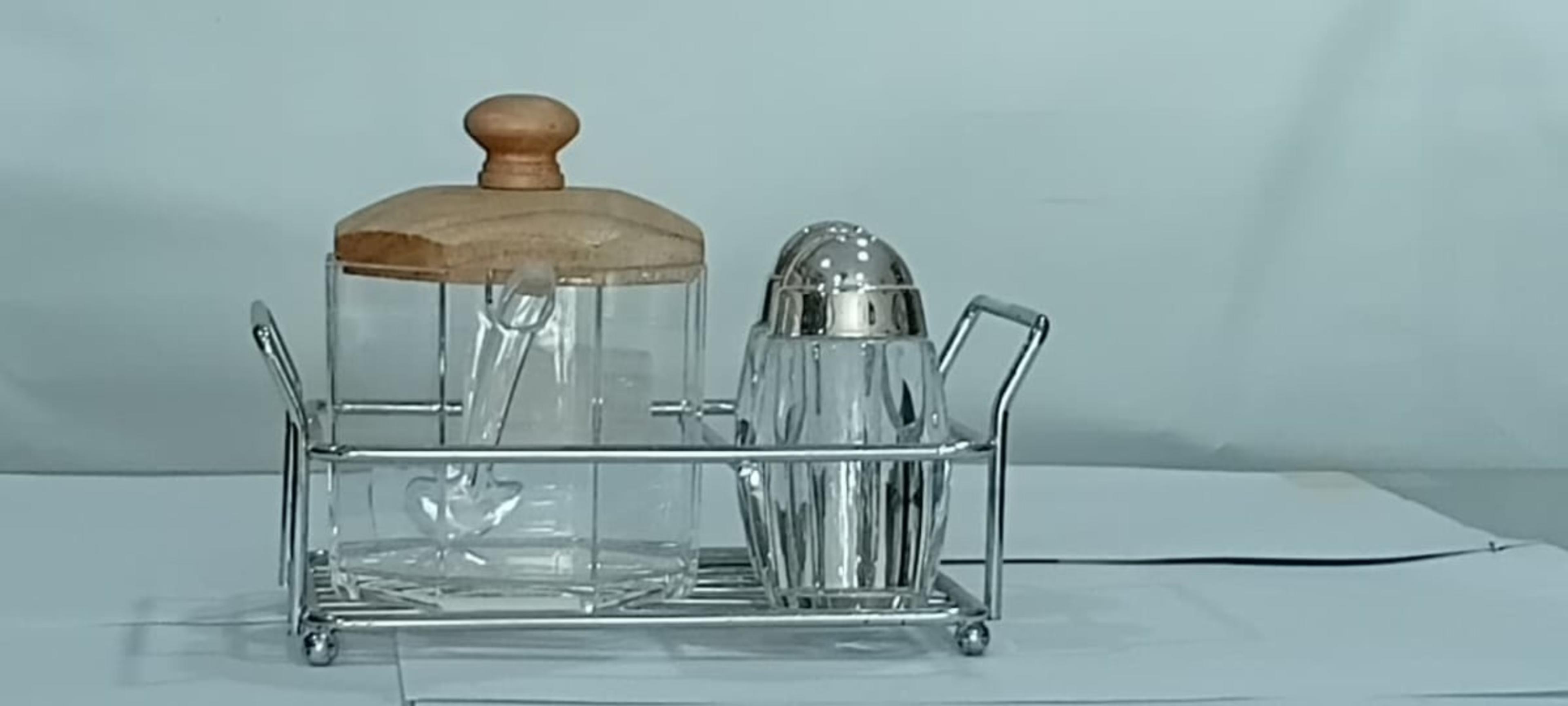 Acrylic sugar pot square 3 pc wood cap steel base