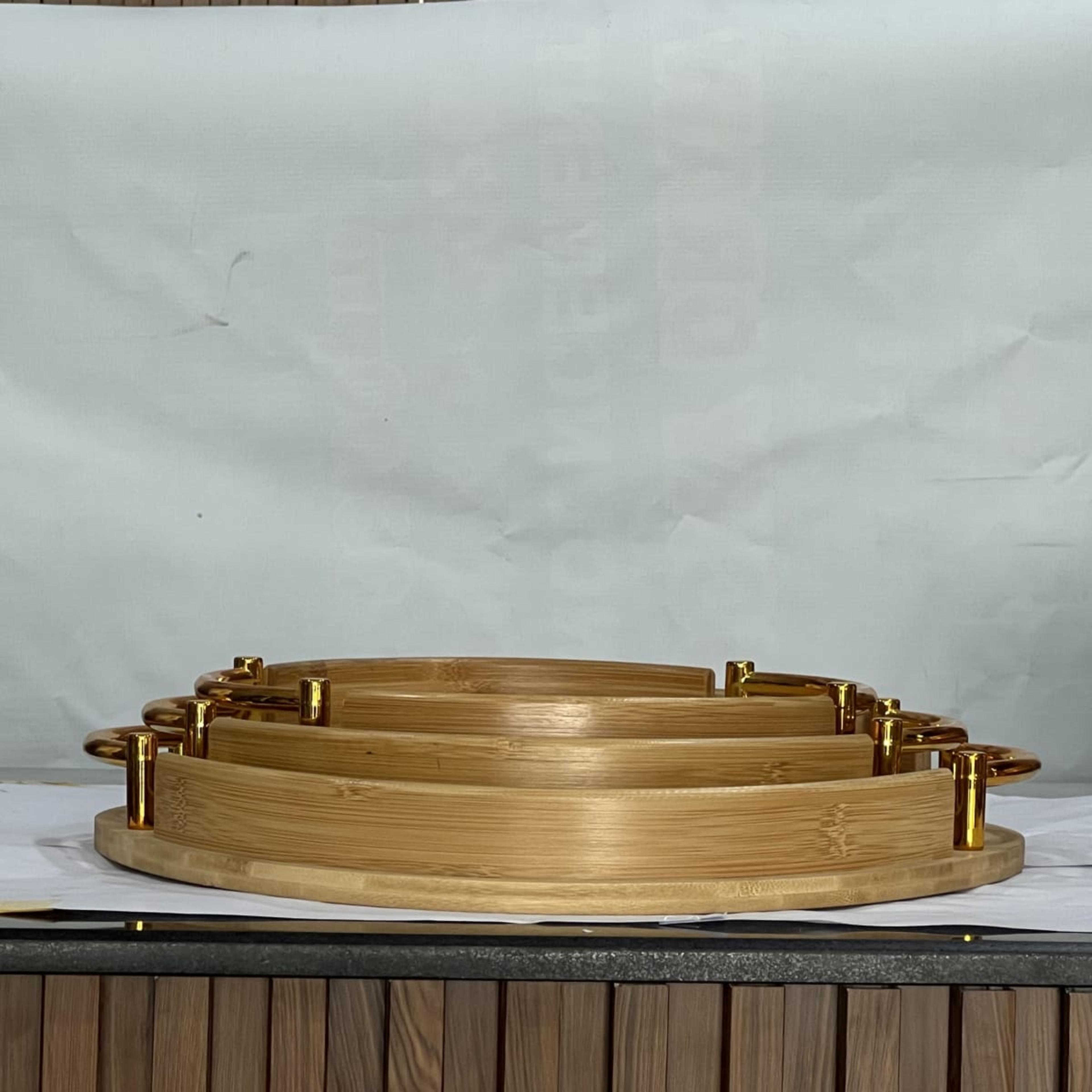 3 Pc Wooden Tray Set Golden Handle