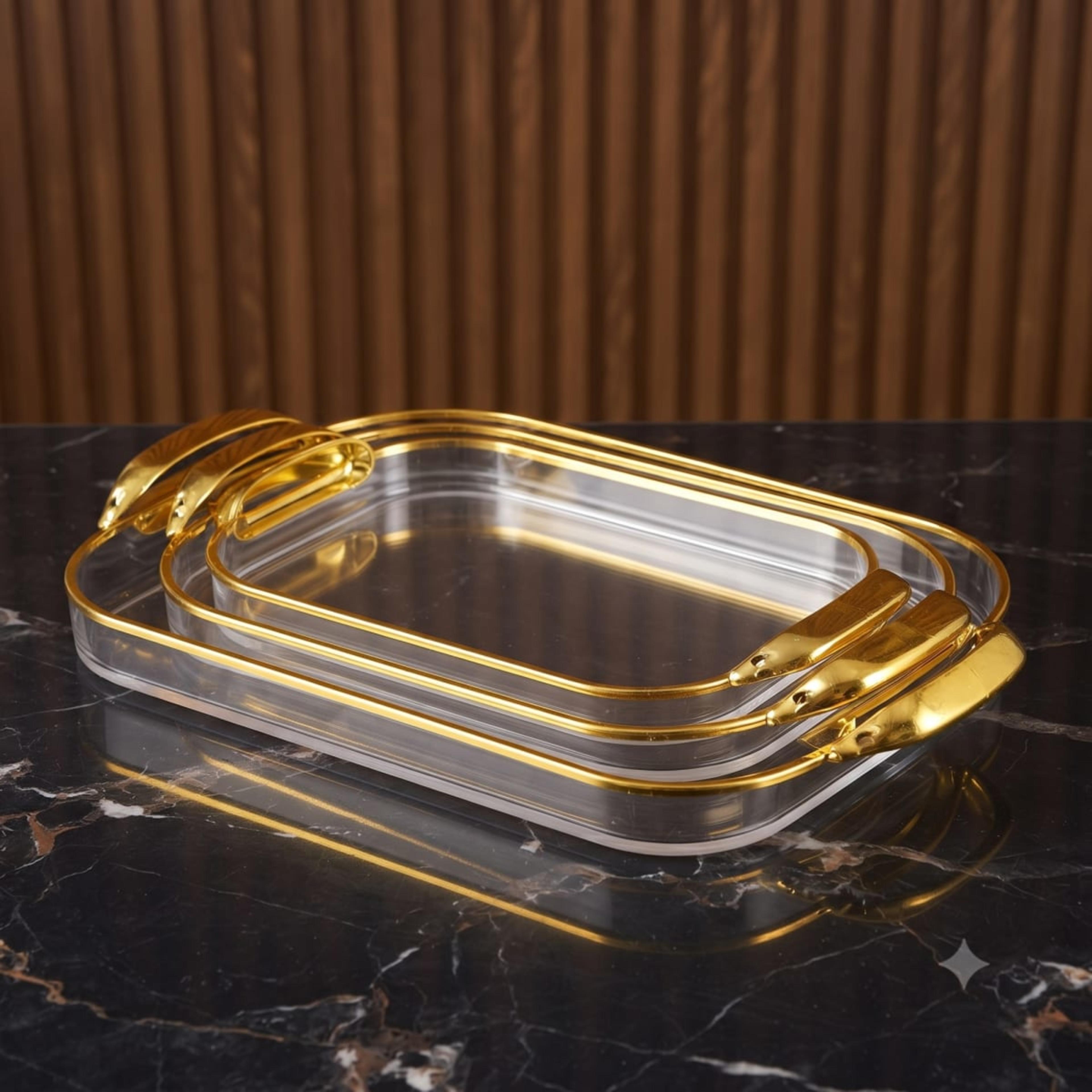 3 Pc Tray Set Square Golden Handle