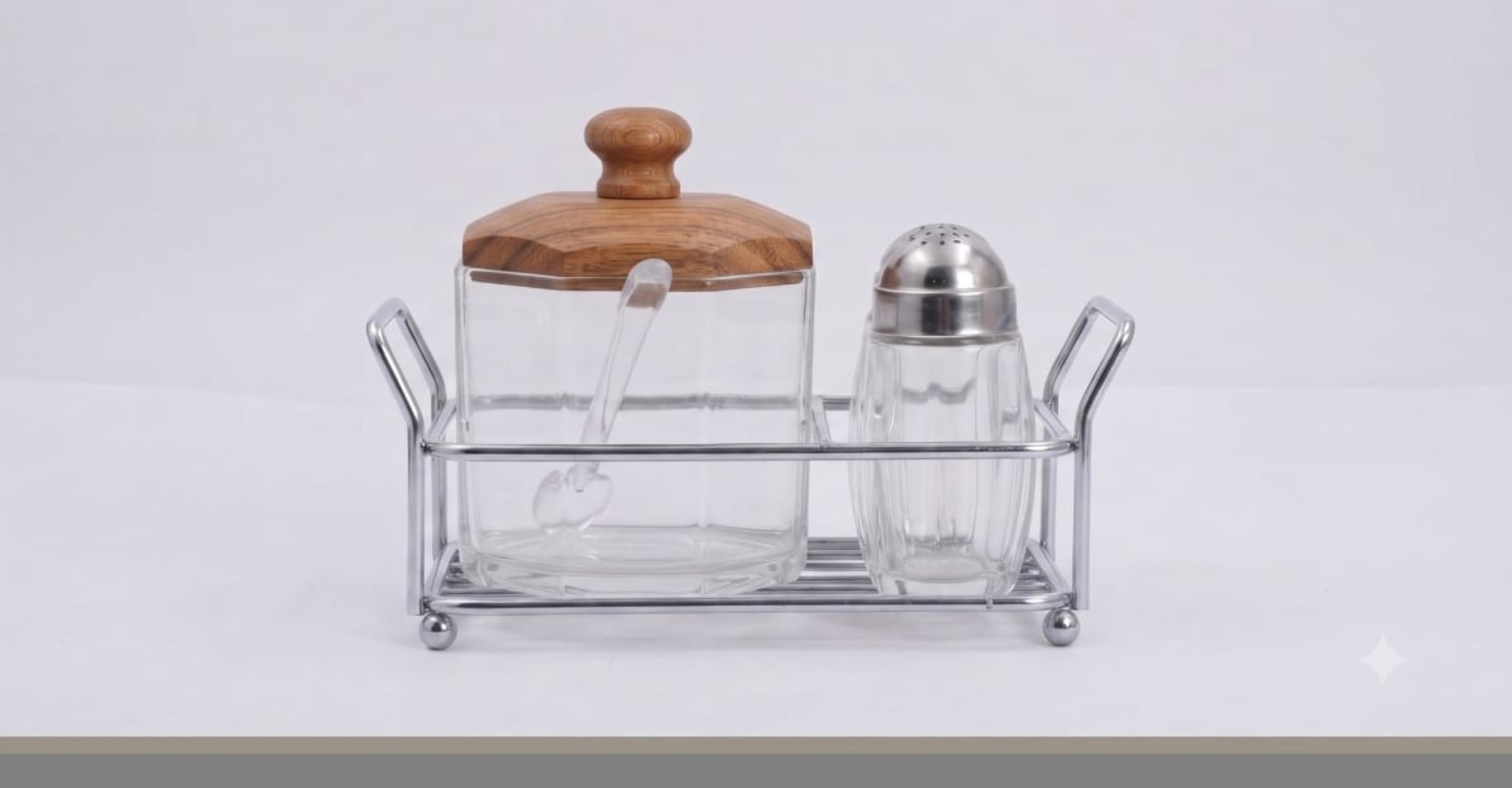 Acrylic sugar pot square 3 pc wood cap steel base