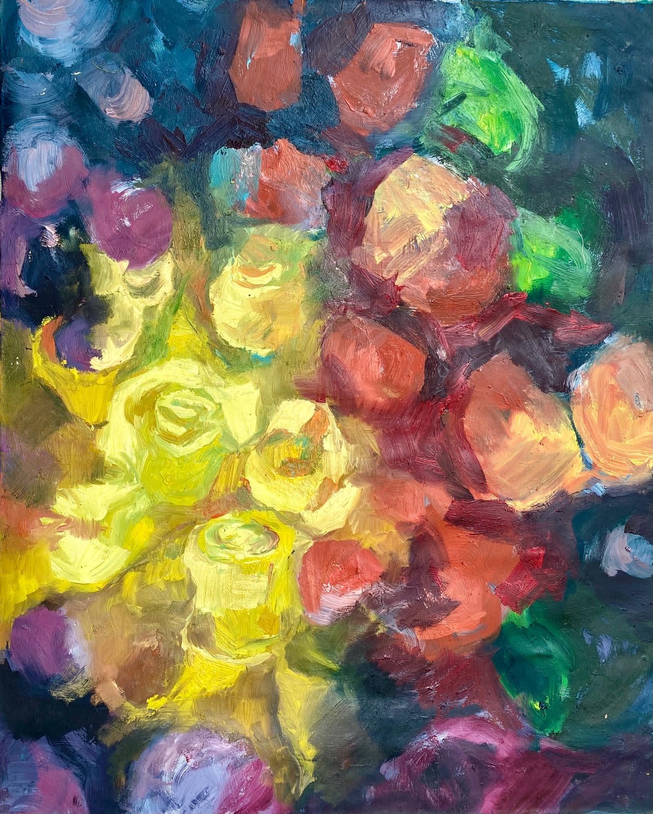 Abstraktes Ölgemälde 'Roses-In' mit üppigem Blütenmeer in intensiven, überlagerten Farbtönen. Dynamische Pinselstriche erzeugen Tiefenwirkung und Lebendigkeit auf Leinwand.