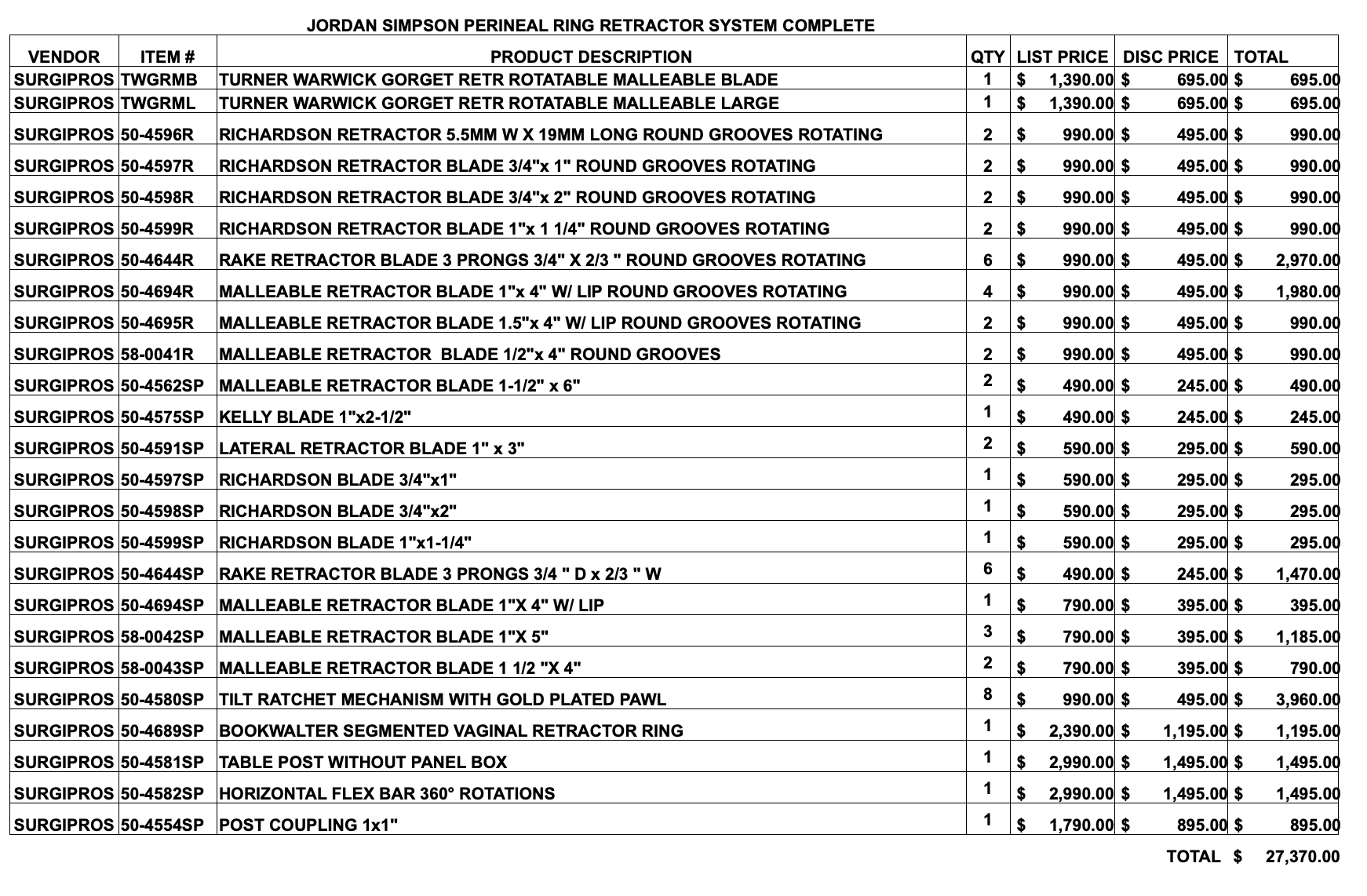 JORDAN SIMPSON PERINEAL RETRACTOR KIT COMPLETE