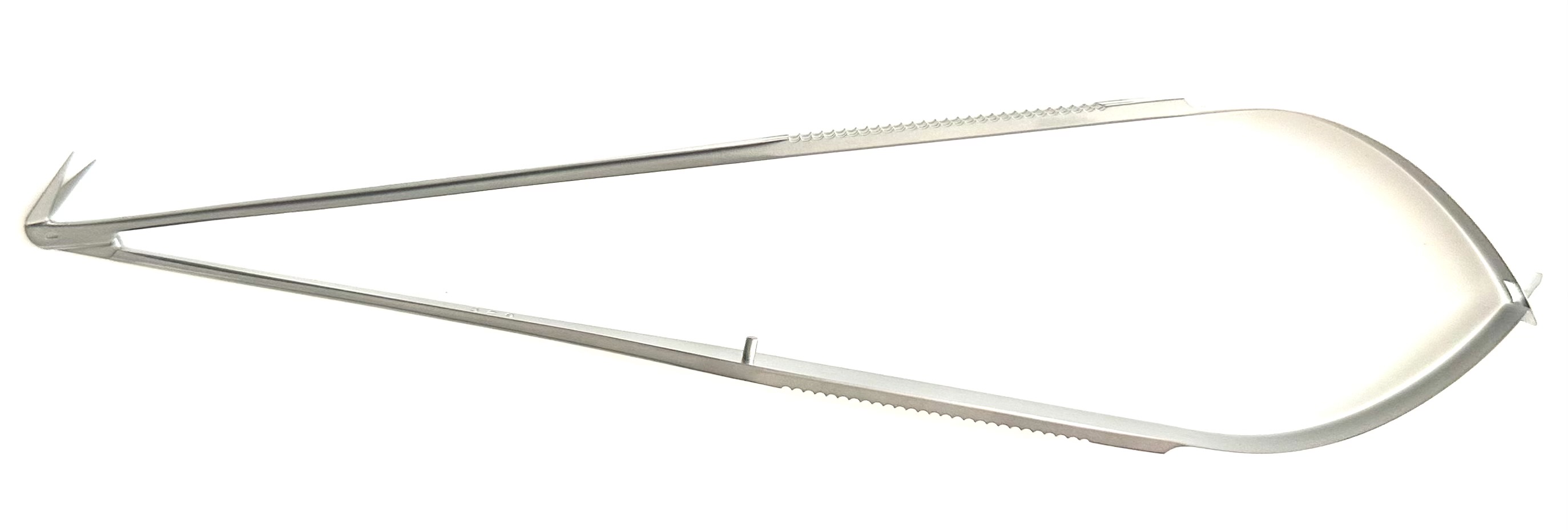 Jacobson Micro Scissors, spring style, flat handle, V-neck, 125° angled micro fine blades, 6-1/4"