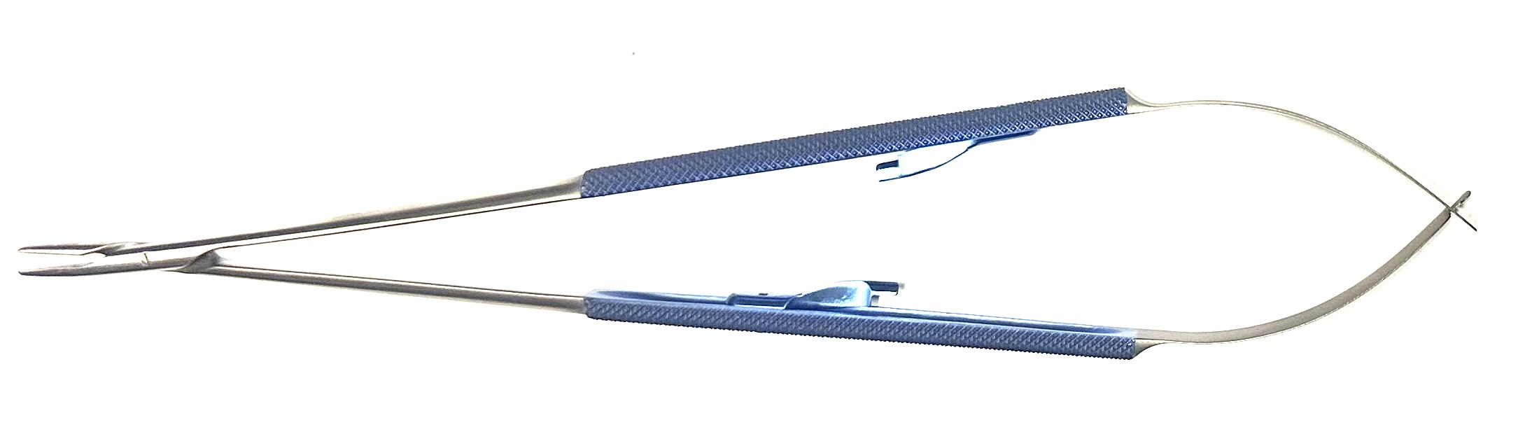 Jacobson Micro Needle Holder, round handle, (extended knurling), with ratchet, straight Dusted jaws, streamline box lock, 9"