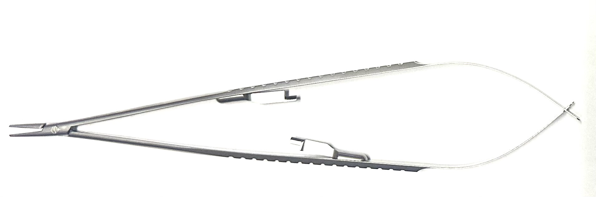 Jacobson Micro Needle Holder, flat knurled handle, with ratchet, straight Dusted jaws, regular box lock, 8"