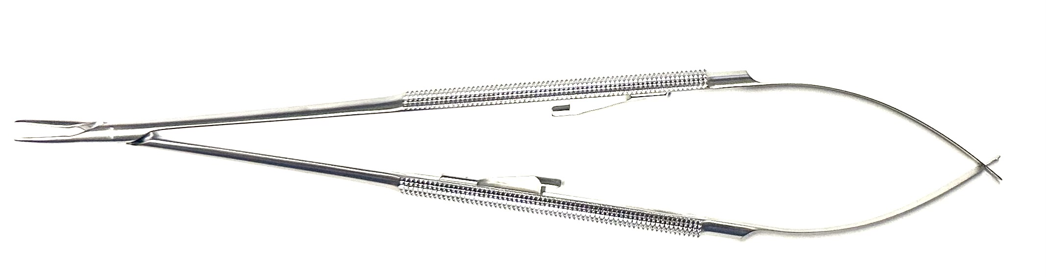 Jacobson Micro Needle Holder, round handle, with ratchet, curved Dusted jaws, streamline box lock, 8-1/4"