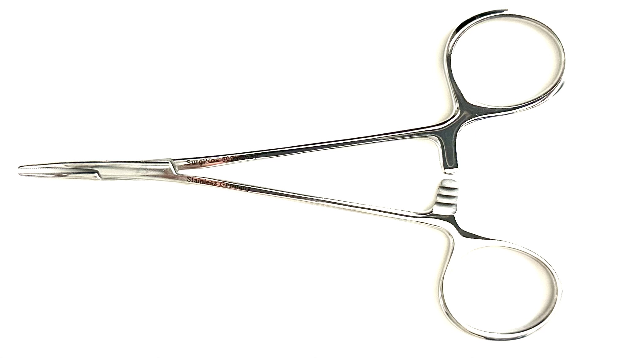 Delicate mosquito forceps, ring handle, curved, 5"