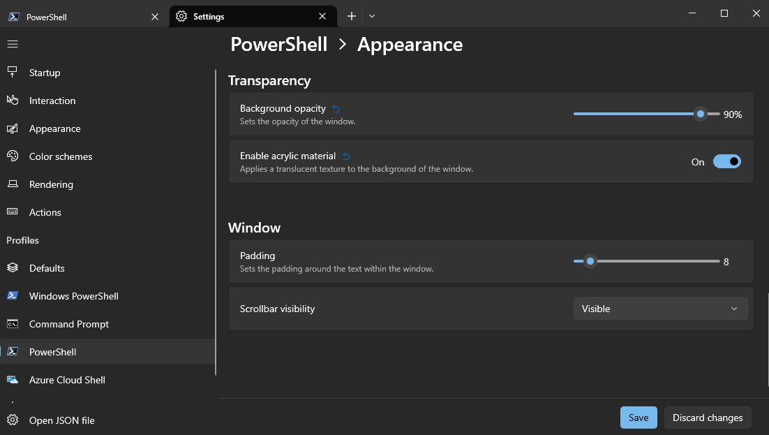 Transparency settings of Windows Terminal