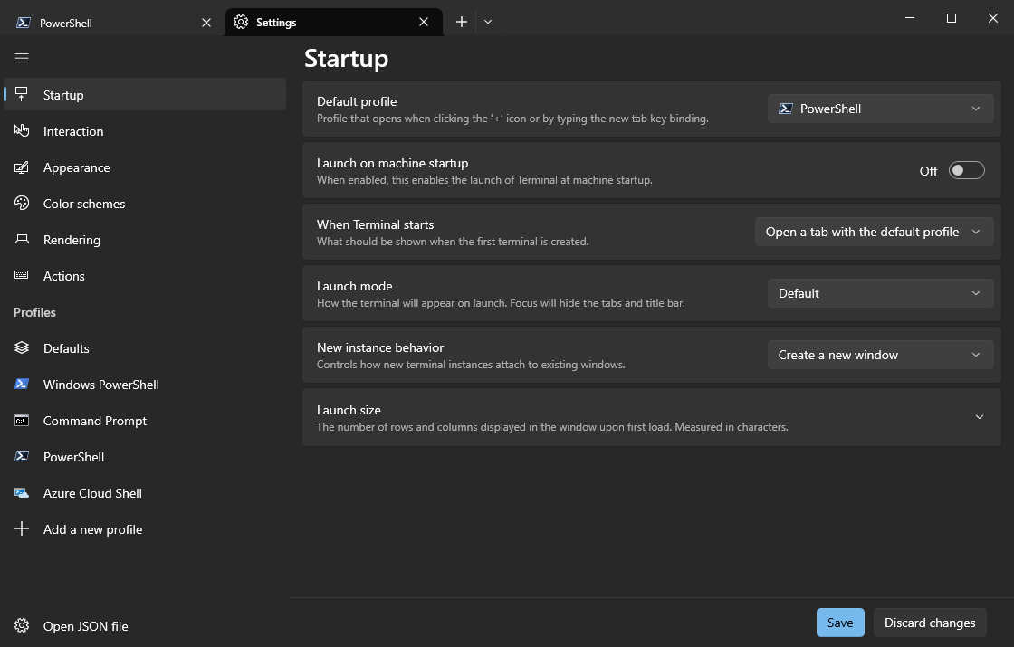 Window Terminal Startup settings