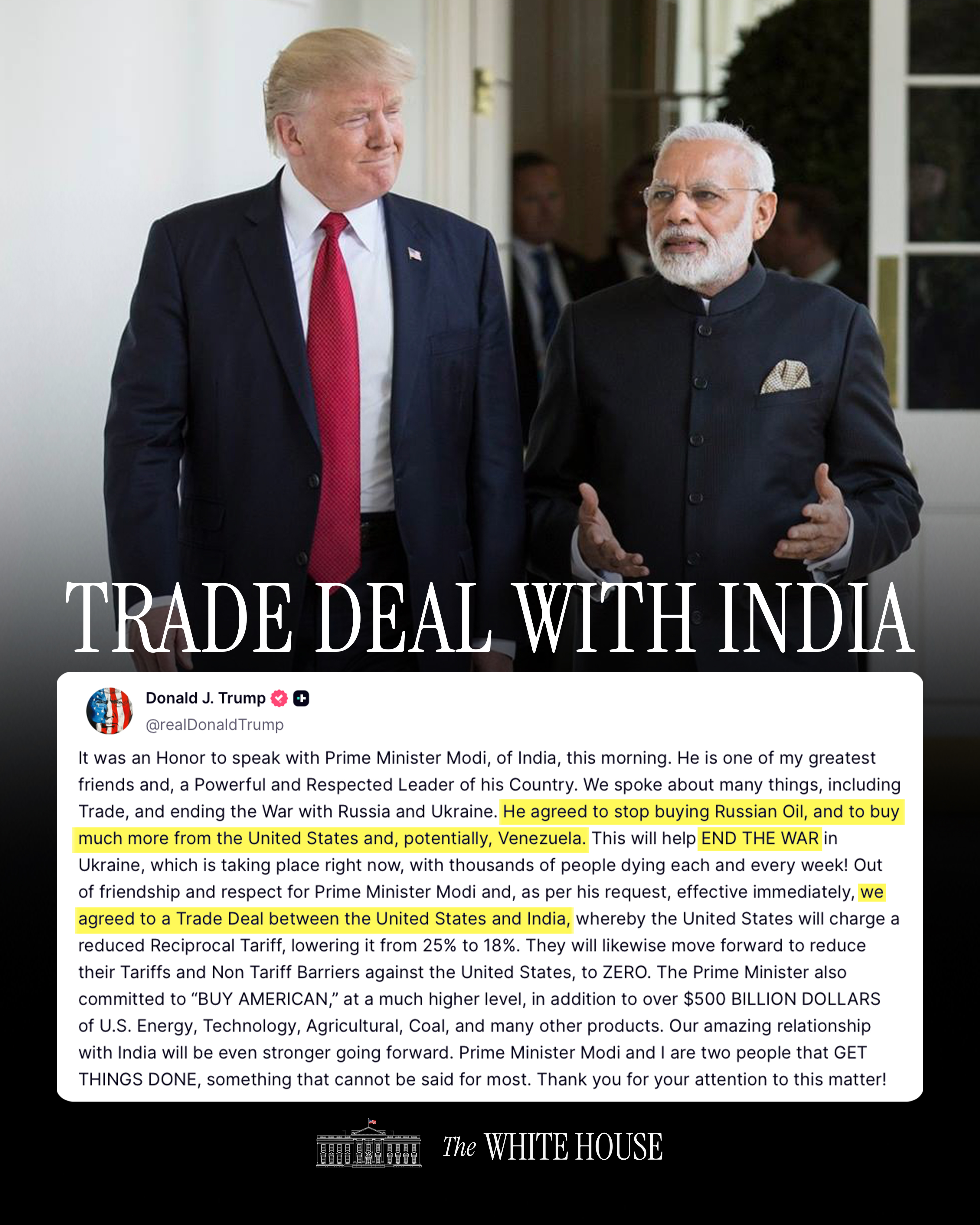 “Out of Friendship and Respect for Prime Minister Modi, We Have Agreed to a Trade Deal with India” — President Trump