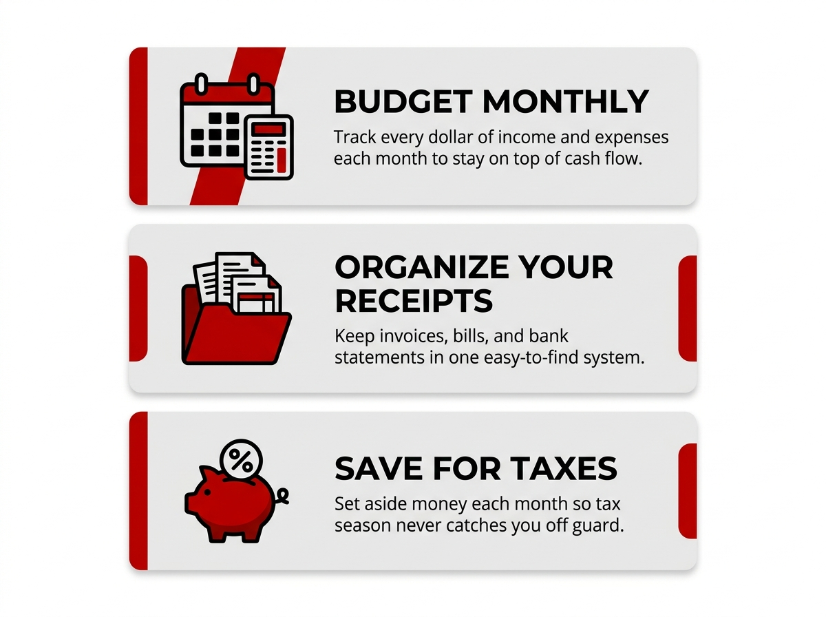 Three bookkeeping tips for self-employed professionals: build a monthly budget, organize receipts and bills, and save for taxes every month.