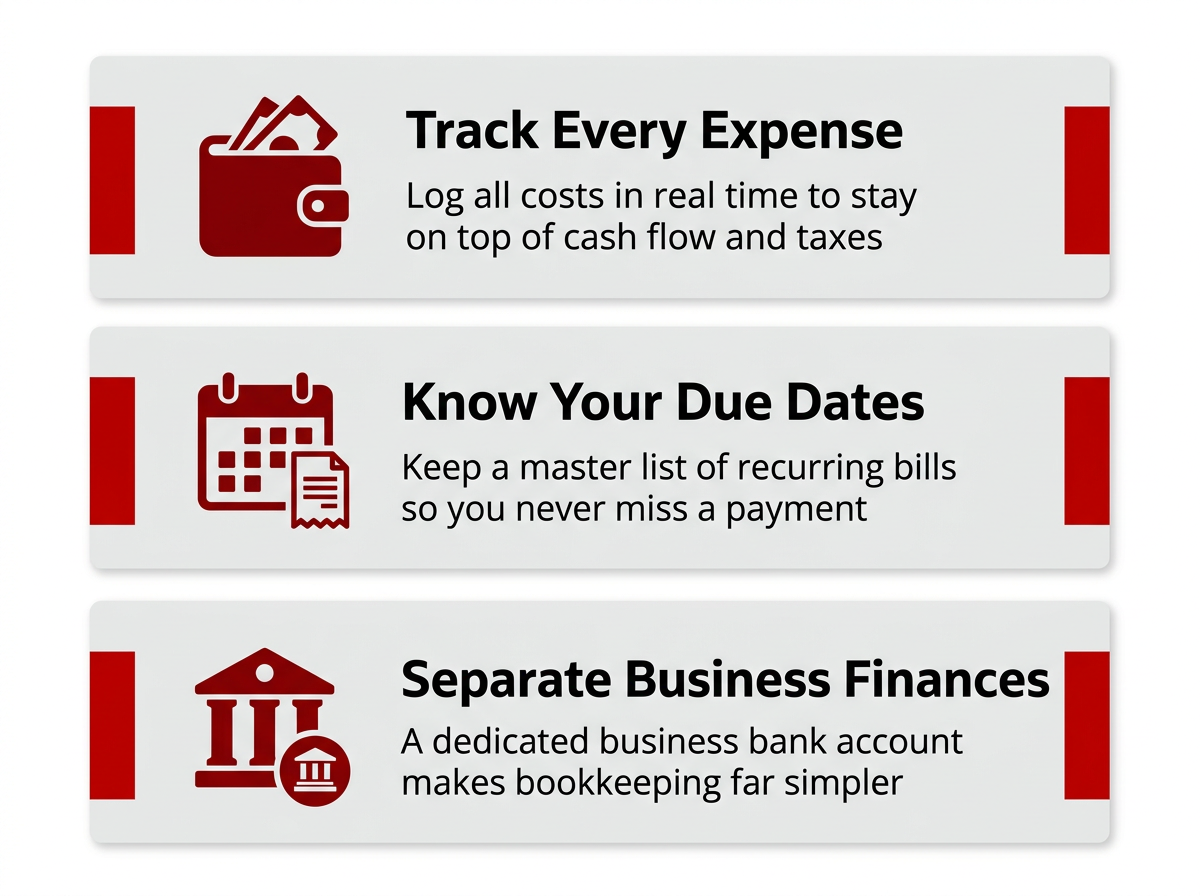 Three bookkeeping essentials for businesses: Track Every Expense, Know Your Due Dates, Separate Business Finances
