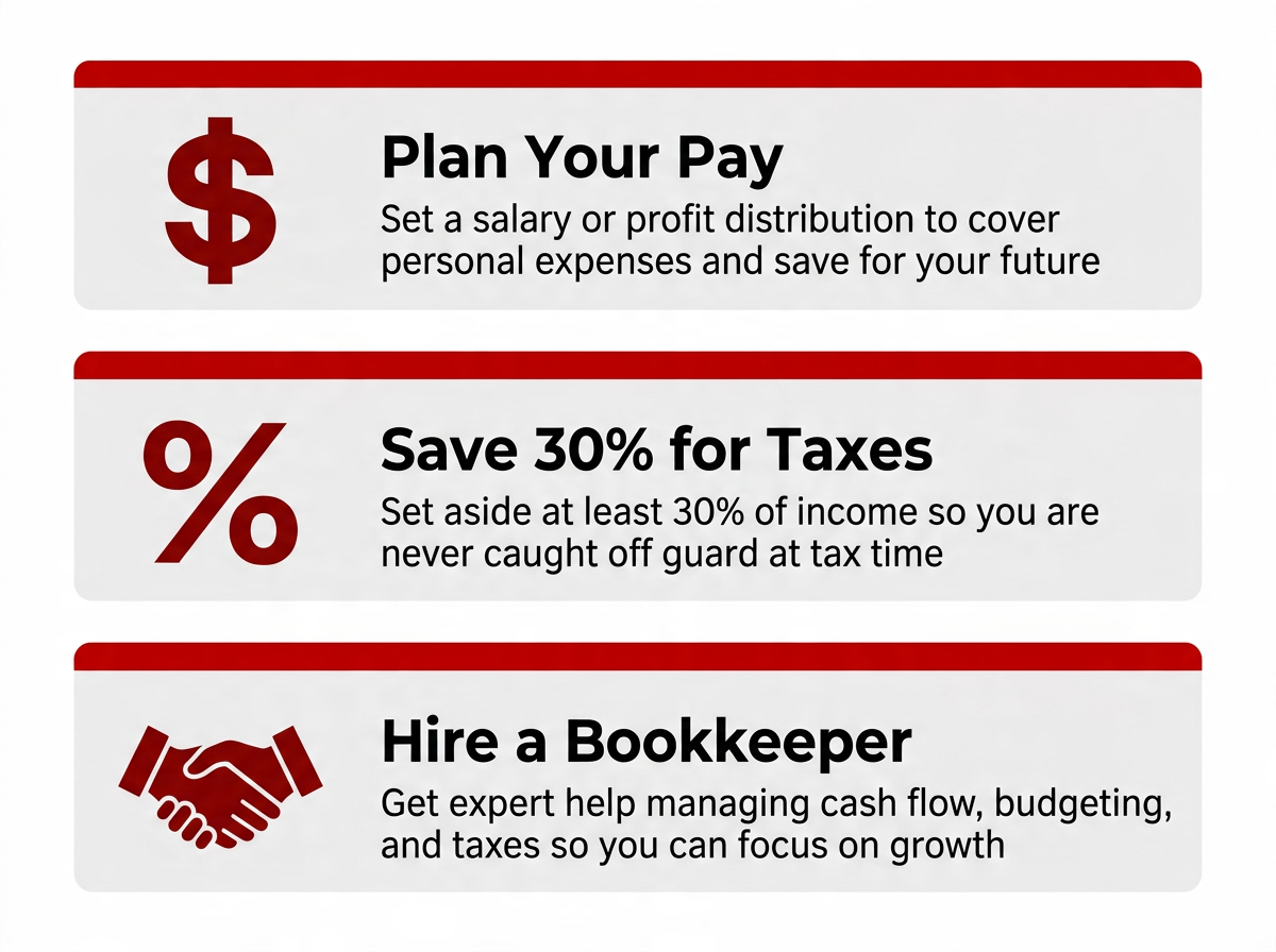 3 Bookkeeping Tips For Business Startups: Plan Your Pay, Save 30% for Taxes, Hire a Bookkeeper