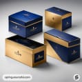 Blue and gold rectangular boxes with a sophisticated design set against a neutral background.