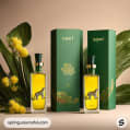 Perfume bottles and green boxes with leopard print design, surrounded by leaves and yellow flowers.