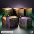 Elegant gift boxes with floral designs in green, purple, and gold hues on a reflective surface.