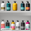 Nine colorful pump shampoo bottles in a vibrant, geometric design on shelves.