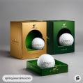 Gold and green boxes with single golf balls on display.