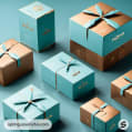 Gift-wrapped brown and teal boxes with teal ribbons.