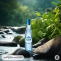 Clear water bottle by rocks and lush greenery.