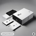 Minimalist black and white packaging featuring boxes and envelopes on a gray background.