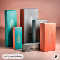 Tall boxes in teal, coral, and gray with leaf patterns.