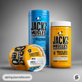 Three muscle supplement containers in blue and yellow with bold stylized labels.