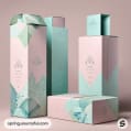 Pastel mint and pink geometric pattern tower and mailer boxes.