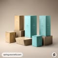 Stacked beige and teal boxes of varying sizes with minimal design.