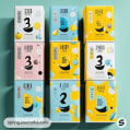 Nine packaging boxes with playful designs in pastel blue, yellow, and pink on a green background.