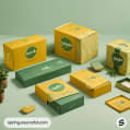 Various yellow and green packaging boxes with natural motifs.