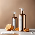 Bronze pump bottles with citrus fruit on a beige background.