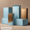 Blue and gold mood-themed packaging boxes on a beige background.