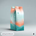 Peach and teal coffee bag with ocean and coral design, featuring a resealable top, on a light gray background.