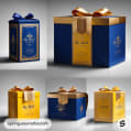 Assorted gift boxes in blue and gold with ribbon accents.