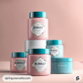 Stacked pink and blue jars with diamond labels, placed on a soft-toned background.