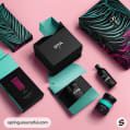 Assorted teal and pink boxes with black wave patterns on a pink background.