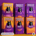 Six dog food boxes in purple and orange colors with a dog's face on purple background.