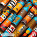 Multiple cylindrical packages with colorful graphic designs in a flat lay.